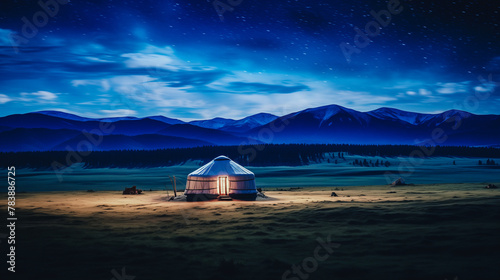 Yurt National old house of peoples of Kyrgyzstan and Asian countries. Ail camp night sky with stars