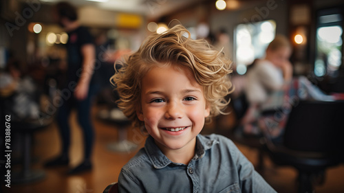 Happy hipster child boy in barbershop with fashion haircut, background barber shop © Adin