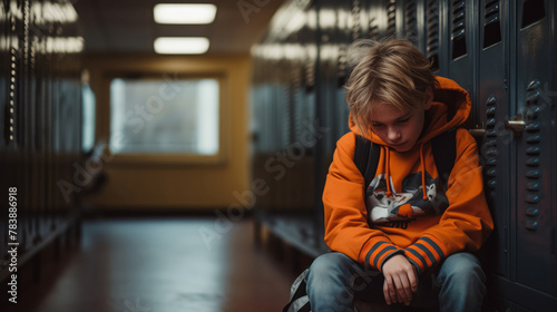 Upset Boy Sitting Alone in School Hallway with Backpack and Lockers. Bullying concept, baby locked in school.