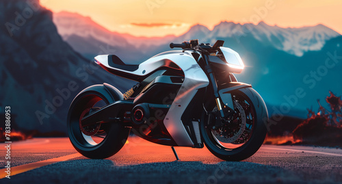 a futuristic motorcycle is parked on the side of the road photo
