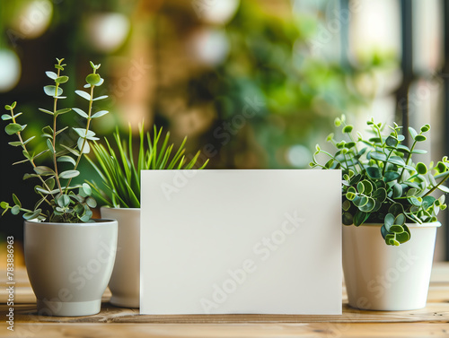 Empty card and ornamental plants in pots on wooden floor for mockup