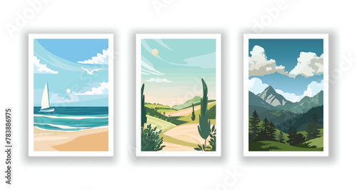 Summer Landscape - Sea View Poster, Cover, and Card Set with Beach, Mountains, and Typography Design