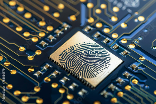 A close up of a computer chip with a fingerprint on it. The fingerprint is a unique identifier for the chip, and it is likely used to secure the chip from unauthorized access