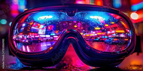 Colorful neon light reflected on ski goggles at night