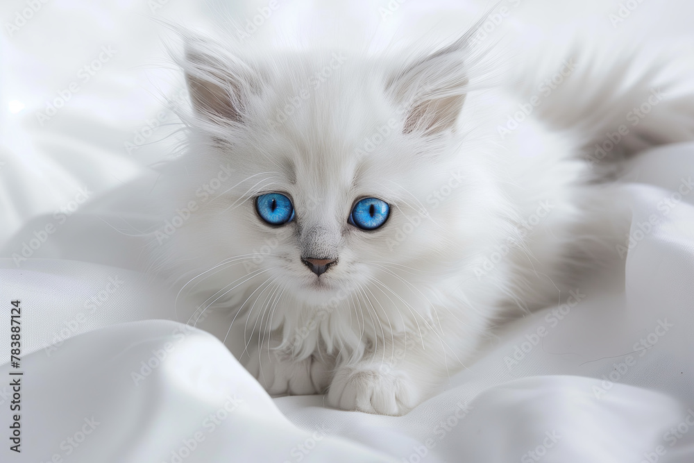 Fototapeta premium Photo of a cute little kitty with long white fur and blue eyes on white backgrond