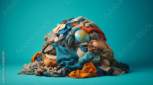 Concept problem Planet Earth is littered with bunch of disposable clothes, global pollution textile lying in heap. © Adin