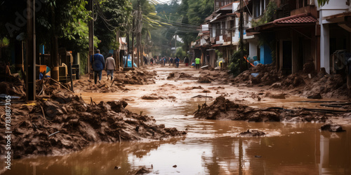 Concept natural disasters with storm wind and rain. Landslide and flooding in city caused by thunderstorm and hurricane © Adin