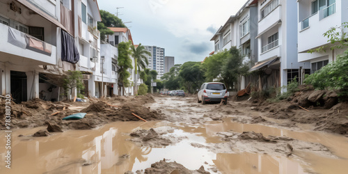 Concept natural disasters with storm wind and rain. Landslide and flooding in city caused by thunderstorm and hurricane