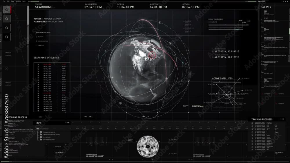 Scanning Global Map Of Planet Earth With Modern Computer Matrix System. Innovative Space Satellite Interface For Planet Scanning. Concept Of Modern Program For Planet Scanning. UI. Graphic