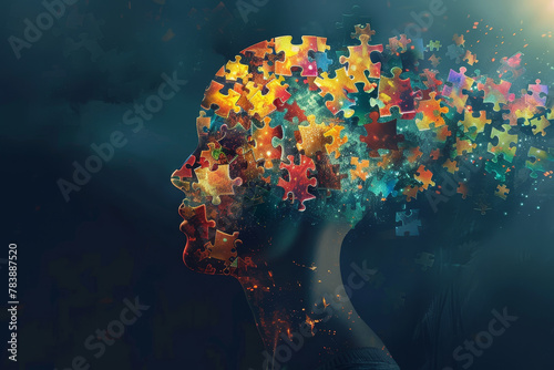 A colorful puzzle piece head with a blue background