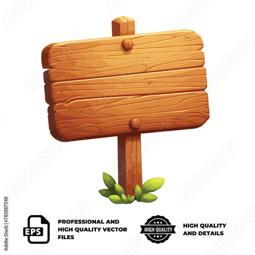features a blank wooden sign with some green leaves at the base, depicting a blank space ready to be customized with any message or direction.