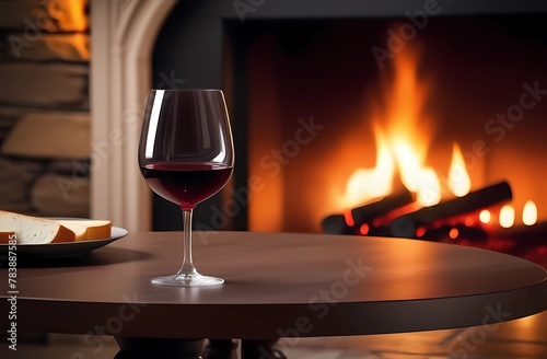 A glass of red wine in front of the fireplace. Image of coziness in the house. 