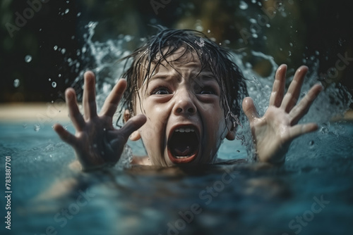Startled Young Boy Emerging from Water with Splashes