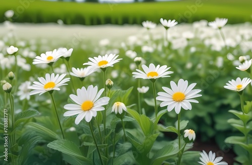 A green field with white daisies. Sunny weather.