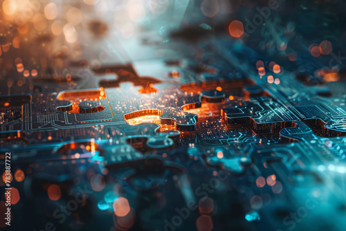 A close up of a jigsaw puzzle with a blue background. The puzzle is made of electronic components and has a bright orange piece. The image has a futuristic and technological feel to it photo
