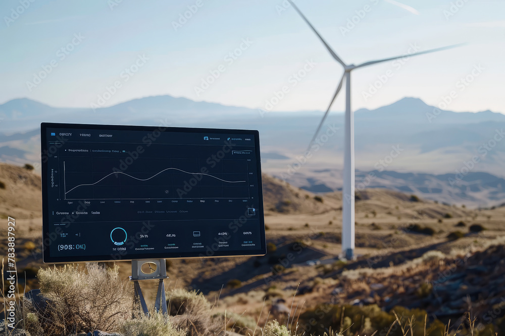 A wind turbine is shown in the background of a computer screen ...