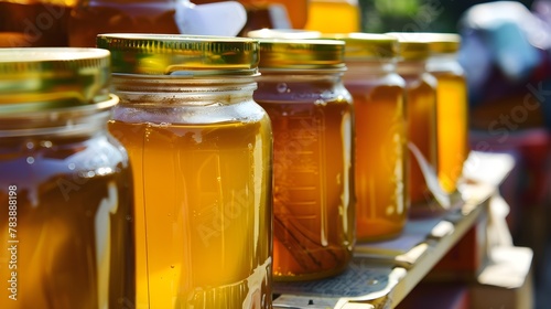 A closeup shot of many jars of fresh, organic orange honey that are lined up on a wooden table outside. Daylight. 