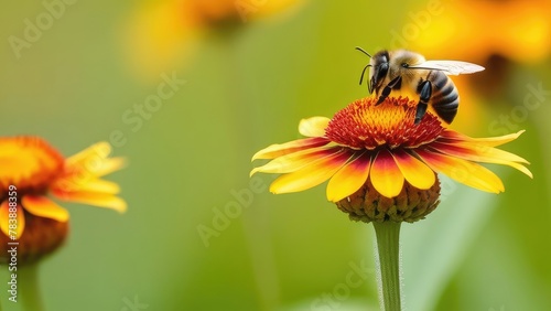 Bee and flower. Close up of a large striped bee collecting pollen on a yellow flower on a Sunny bright day. Banner, on the left is an empty space for the text. Summer and spring backgrounds 
