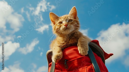 A lovely golden cat is carried on a blue sky background with red shirt photo