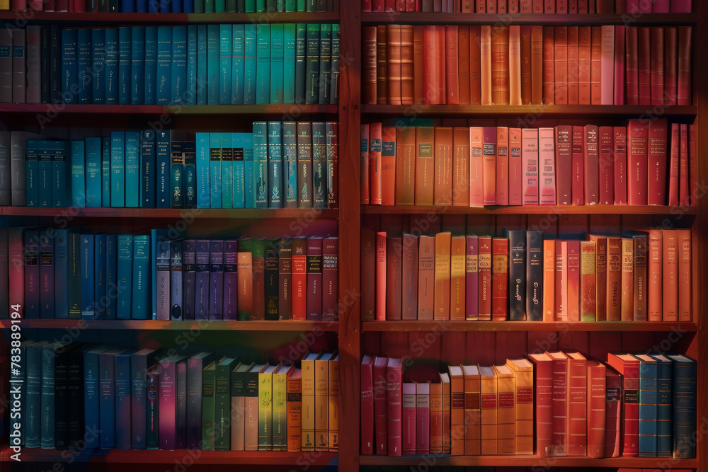 A colorful bookcase with many books on it. The books are arranged in a rainbow pattern, with the colors red, orange, yellow, green, blue, and purple A colorful bookcase with many books on it. The books are arranged in a rainbow pattern, with the colors red, orange, yellow, green, blue, and purple