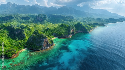 A breathtaking aerial view of Thailand's pristine coastline, where land and sea merge in perfect harmony.