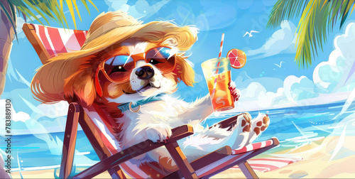  an animated dog wearing sunglasses and a sunhat, relaxing on a beach chair with a cold drink, capturing the essence of summer vacation.  © komgritch