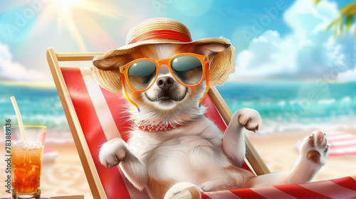  an animated dog wearing sunglasses and a sunhat, relaxing on a beach chair with a cold drink, capturing the essence of summer vacation.  © komgritch