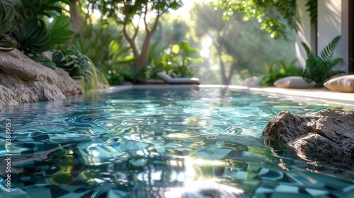 Sunlit jungle poolside tranquility