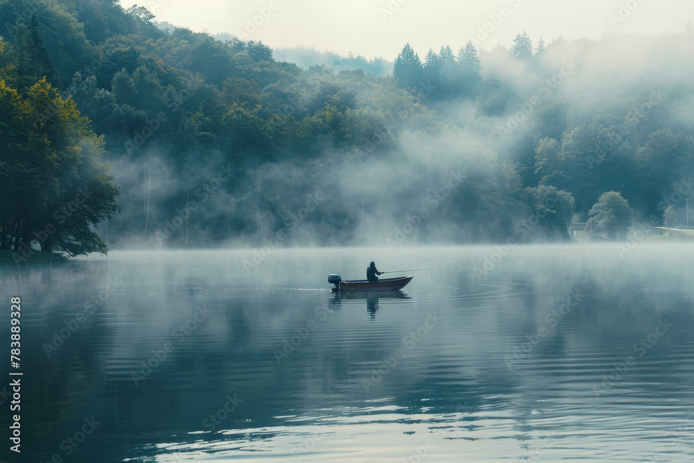 Fototapeta premium A man is in a boat on a lake, surrounded by fog. The atmosphere is calm and peaceful, with the man enjoying the serenity of the water