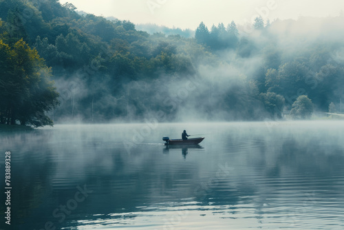 A man is in a boat on a lake, surrounded by fog. The atmosphere is calm and peaceful, with the man enjoying the serenity of the water