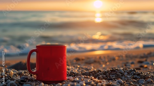 Good morning sunrise concept red mug with tea or coffee on the beach