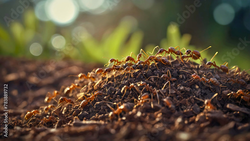 A bunch of small ants clustered around an anthill, while each of them has its own duties. photo