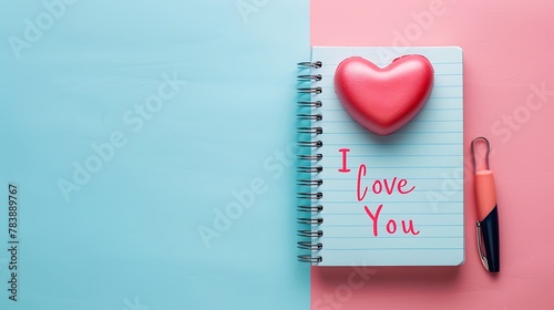 Heart and notepad with handwritten text I Love You on pink and blue background