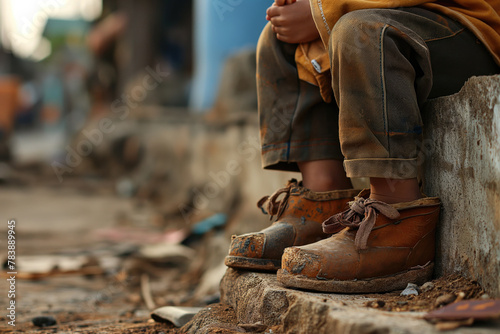 A close-up of an old and dirty boot reflects the poverty of the wearer photo