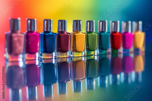 A row of colorful nail polish bottles are lined up on a table. The bottles are of various colors, including pink, green, yellow, and purple. The bottles are arranged in a neat row