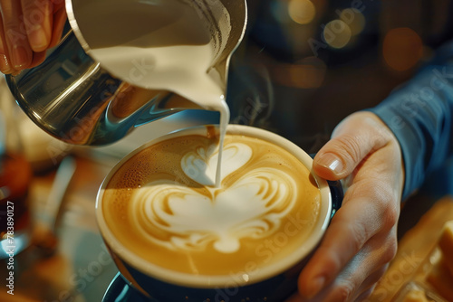 A person is pouring milk into a coffee cup with a heart design on it. Concept of warmth and comfort, as the person is preparing a hot beverage for someone to enjoy
