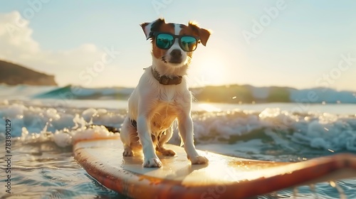 jack russe dog surfing on a surfboard wearing sunglasses at the ocean shore