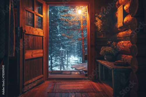A wooden cabin with a door that is open to a snowy forest. The door is lit up by a light  creating a warm and inviting atmosphere