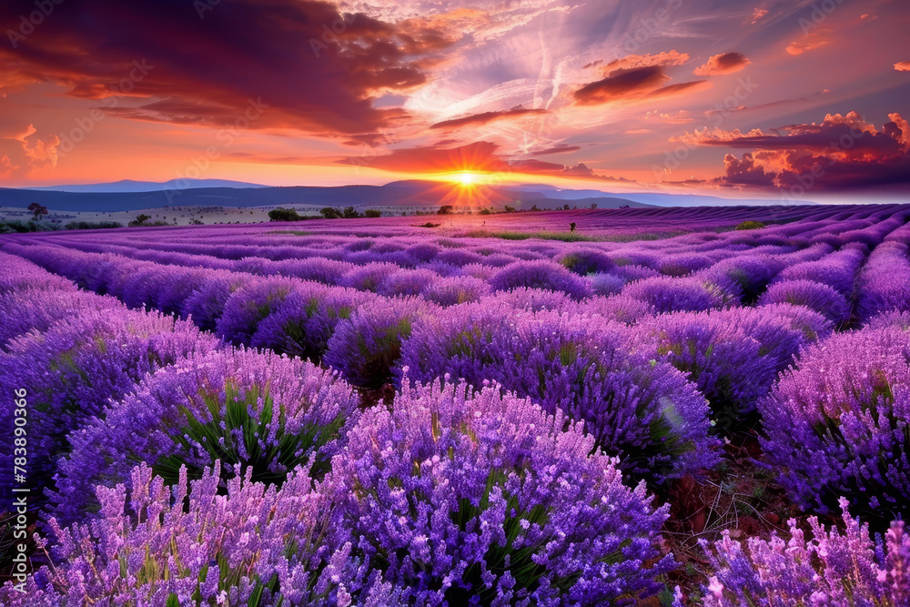 A field of purple flowers with a lot of purple flowers. The flowers are in full bloom and are very vibrant - obrazy, fototapety, plakaty 
