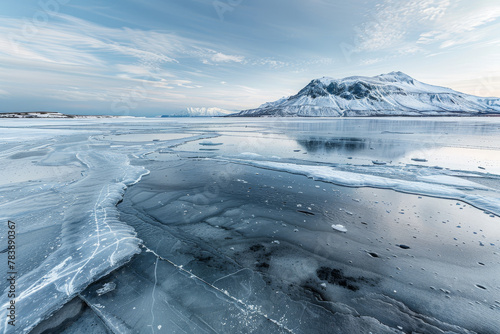 A frozen lake with a beautiful blue sky in the background. The sky is cloudy and the sun is setting