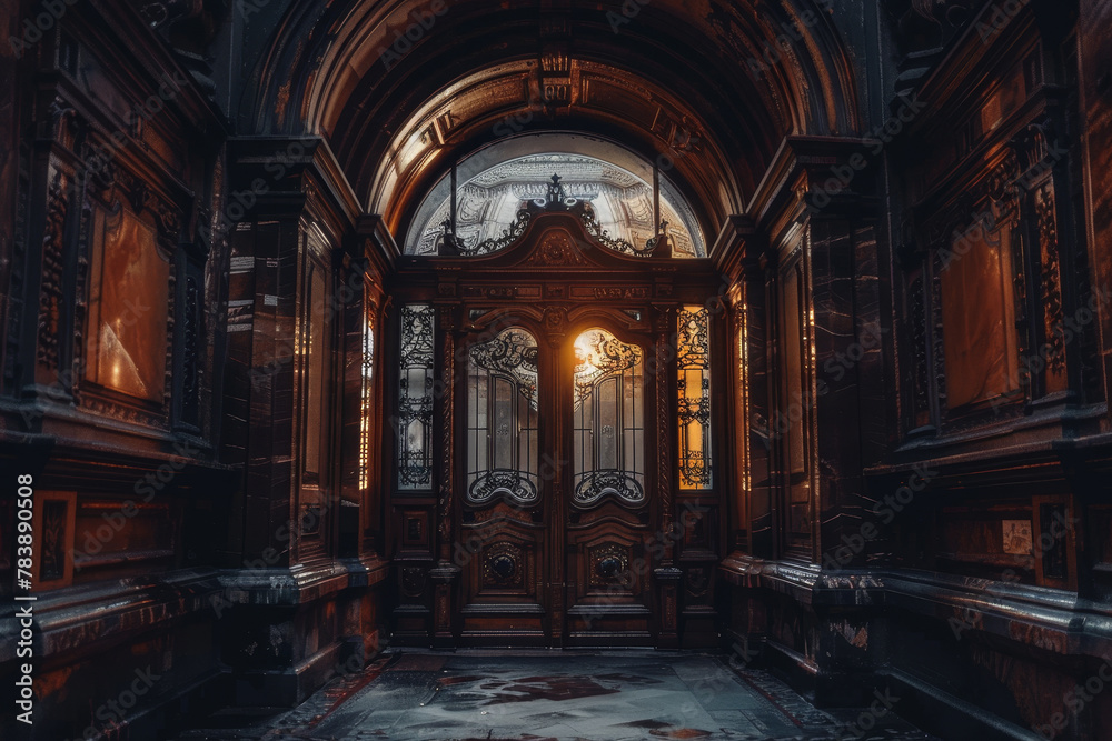 A dark room with a large archway and a door. The door is open and the light is shining through the window. The room is empty and the atmosphere is eerie