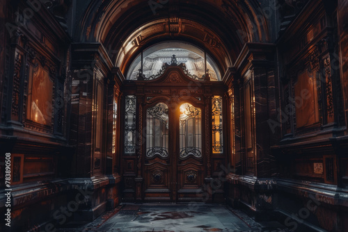 A dark room with a large archway and a door. The door is open and the light is shining through the window. The room is empty and the atmosphere is eerie