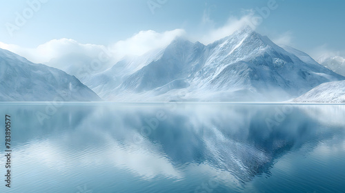 Enchanting Winter Landscape with Snow-Covered Mountains and Serene Lake