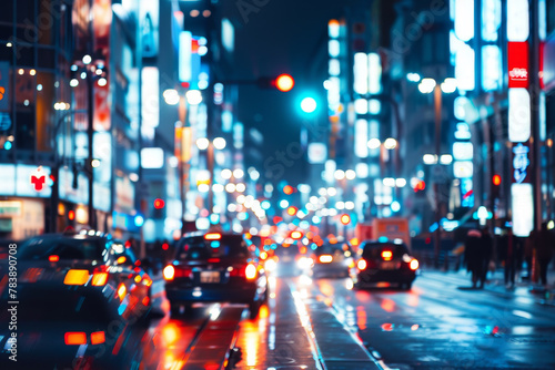 A blurry city street with cars and a neon sign. The scene is busy and bustling with activity
