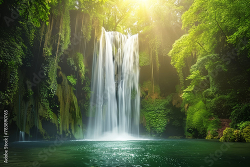 A waterfall is surrounded by lush green trees and a clear blue river. The scene is serene and peaceful  with the sound of the water cascading down the rocks creating a calming atmosphere