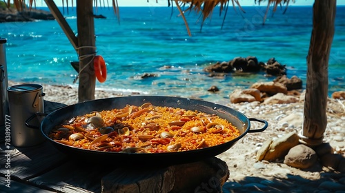 Paella mediterranean rice food by the Balearic Formentera island beach