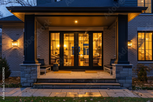 A house with a black front door and a black porch. The porch has a bench and a potted plant. The house is lit up at night, giving it a warm and inviting atmosphere photo