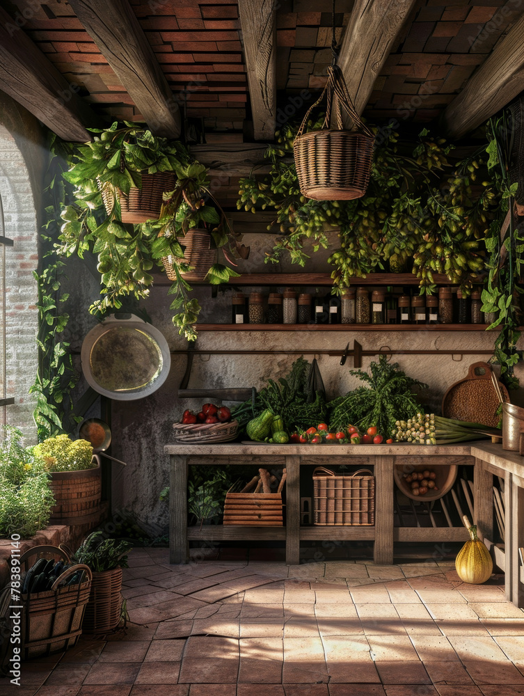 Rustic Farmhouse Kitchen DecorFresh Produce Baskets and Cozy Atmosphere