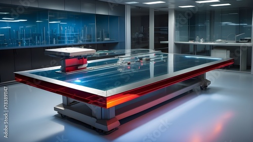 Beautiful and bright office setting with modern design, high-tech ambience, and a productive ,A coffee table using holographic displays that showcases cutting-edge technology in a modern living area, 