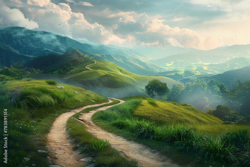 A beautiful mountain landscape with a path leading through the grass. The sun is shining through the clouds, creating a warm and peaceful atmosphere